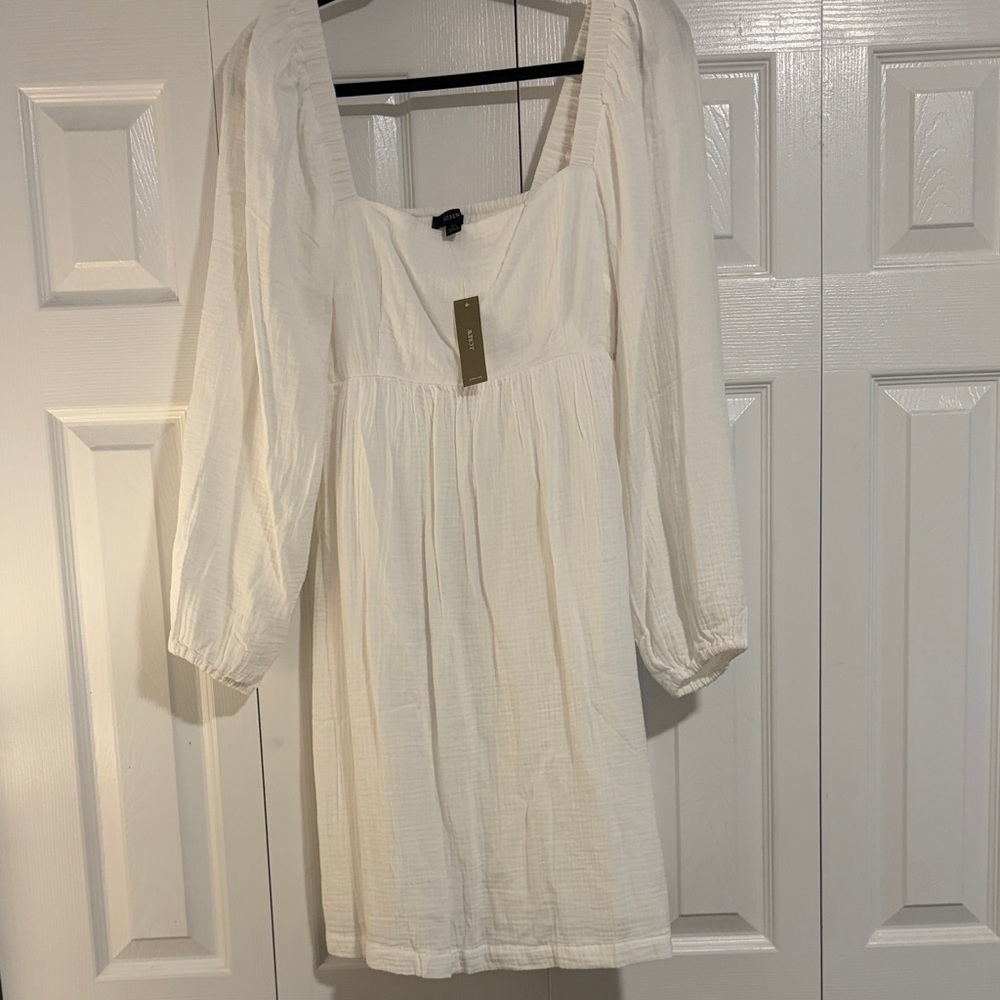 J Crew White Long Sleeve cotton gauze smocked  Square Neck babydoll Dress